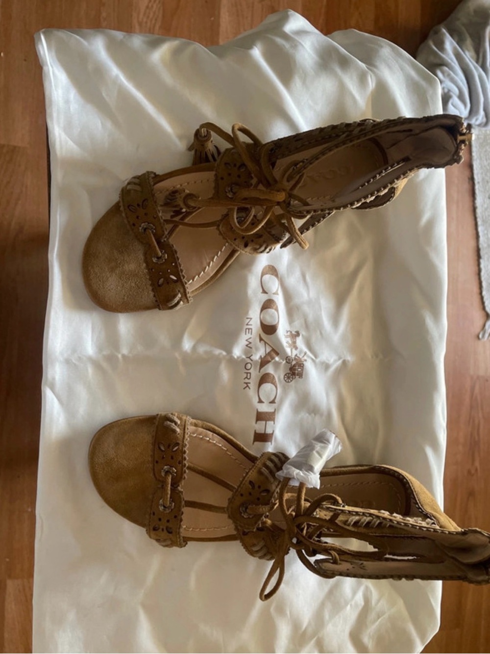 COACH Tan Suede Braided Lace-Up Heeled Sandals NWOT